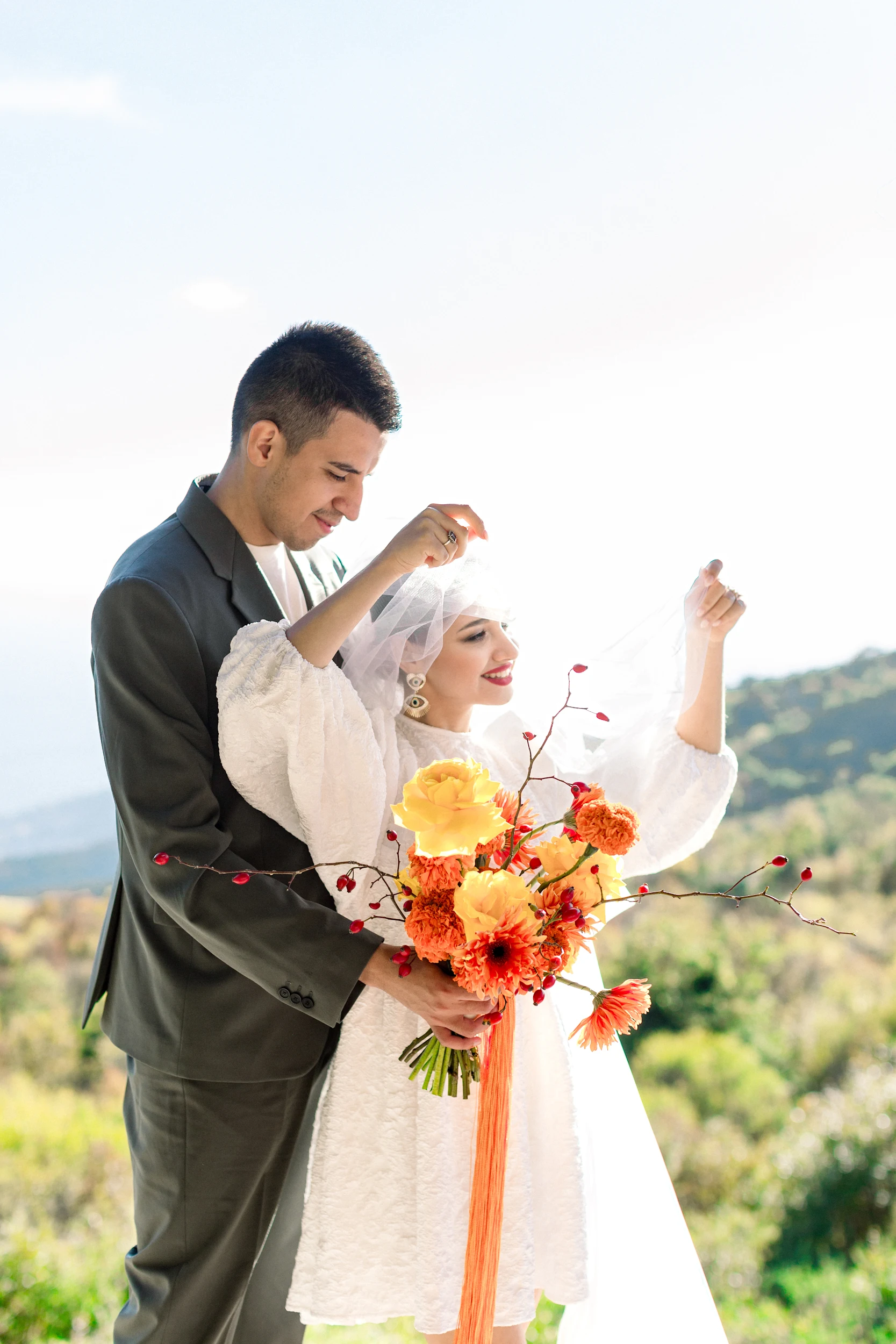 Flottie wedding styling and decor organisation for "Citrus Muse" couple and bride portrait with citrus accents at Villa Mona Lisa