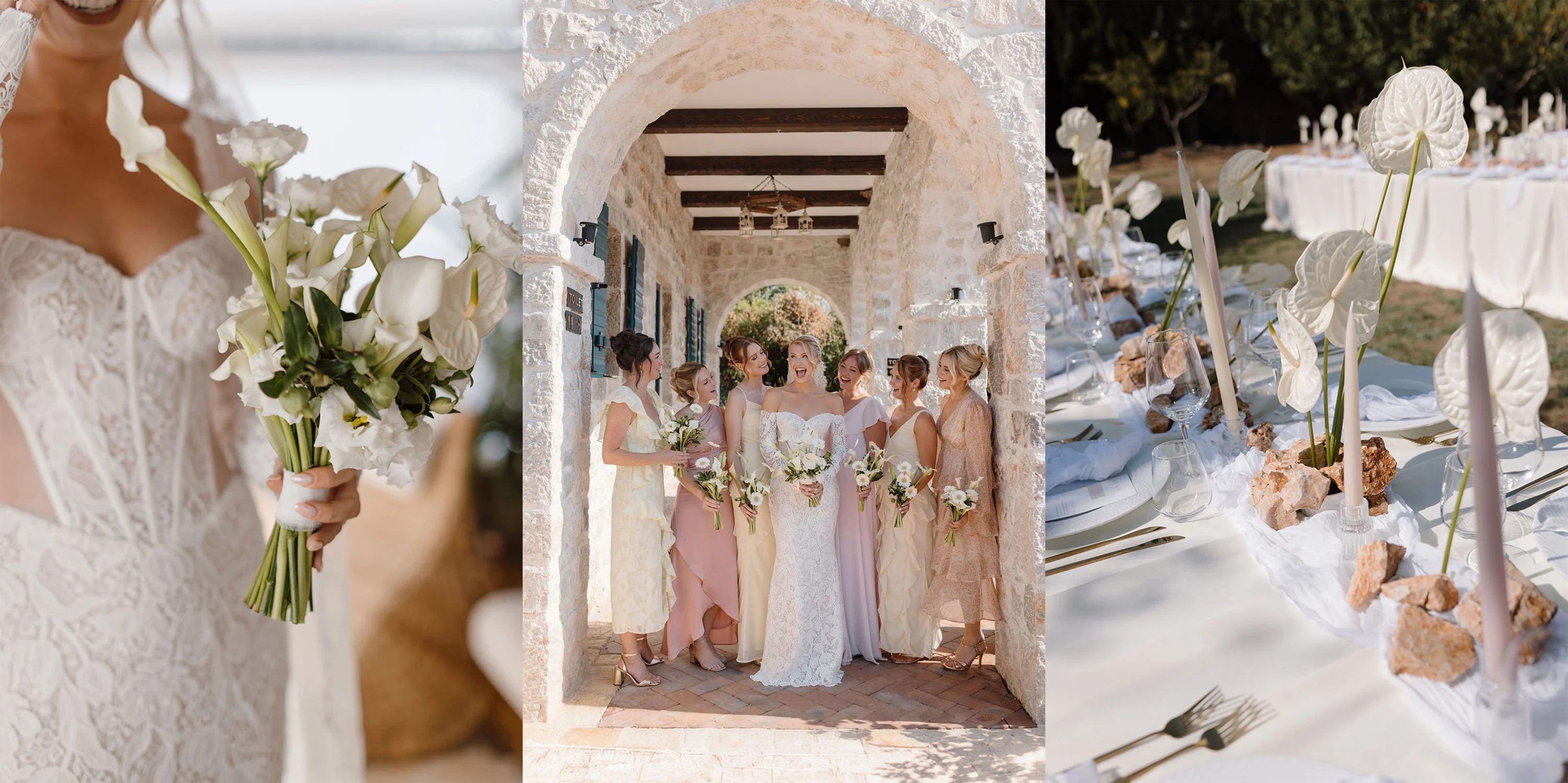 Flottie wedding decor and organisation: portfolio highlights of the Effortless Elegance wedding project showcasing a white calla lily bouquet, the bride with bridesmaids in neutral tones under a stone arch, and refined tableside details