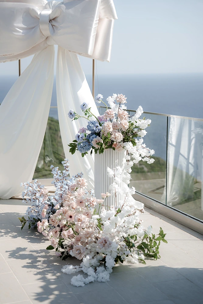Flottie flower decor, wedding, and organisation at Cape Montenegro in Krimovica: multi-part collage showcasing event floral design, blue hydrangeas, sea-view tablescapes, and celebration details