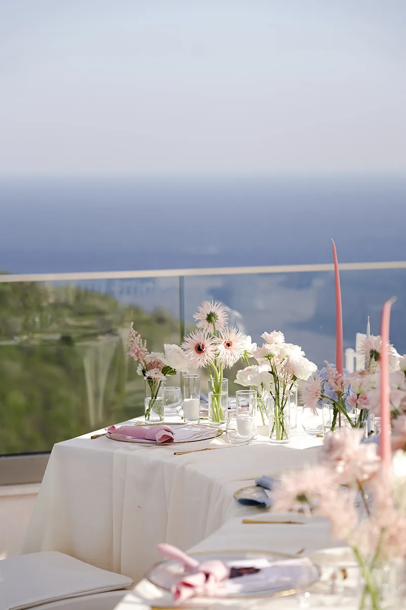 Flottie flower decor, wedding, and organisation at Cape Montenegro in Krimovica: multi-part collage showcasing event floral design, blue hydrangeas, sea-view tablescapes, and celebration details