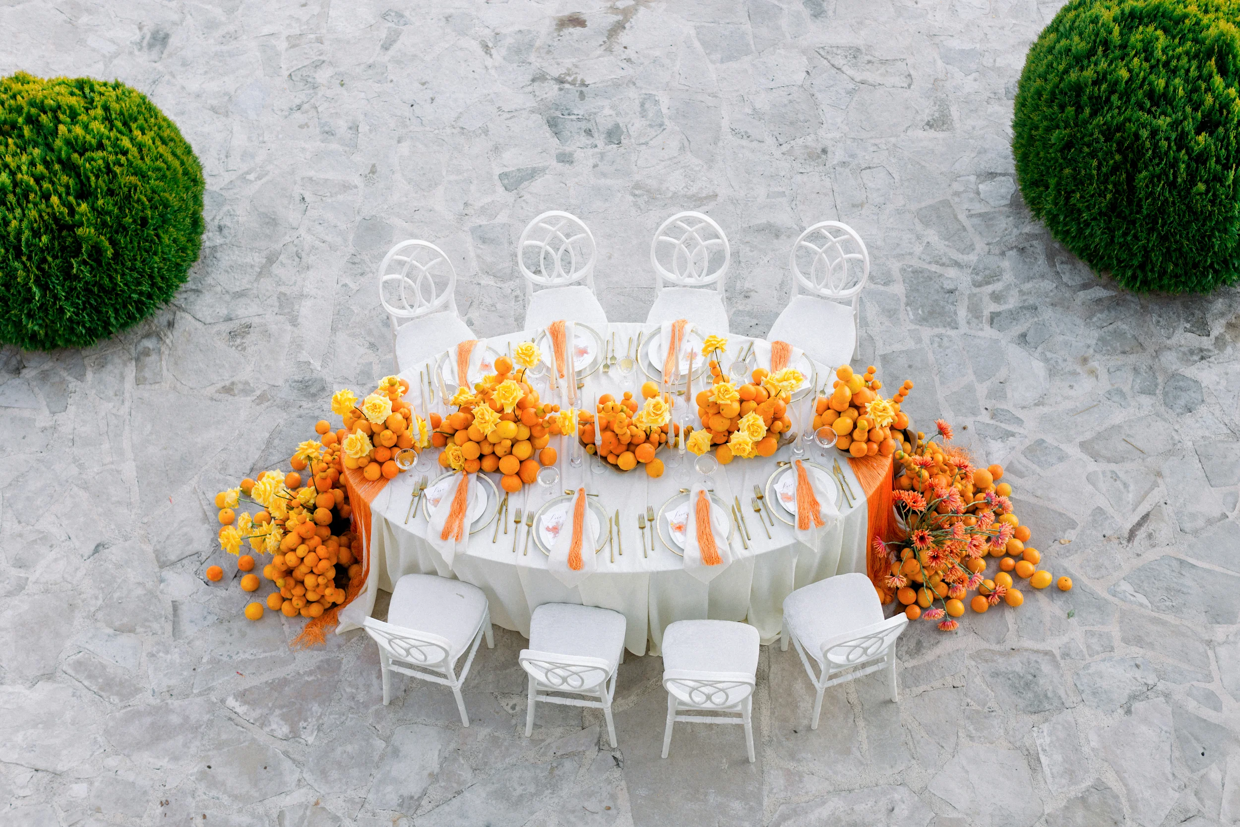 Flottie wedding ceremony decor and organisation for "Citrus Muse" celebration with bright fruit and flower styling at Villa Mona Lisa Montenegro