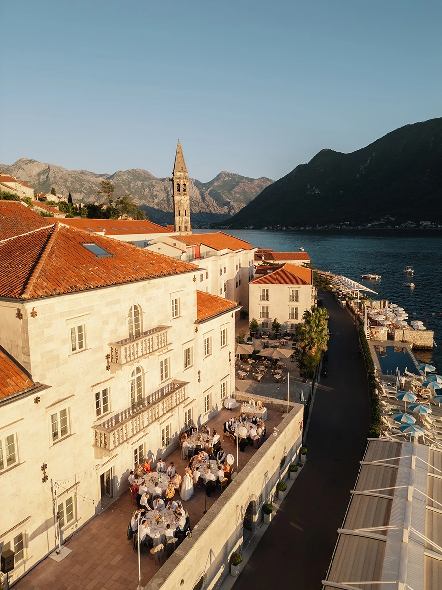 Flottie wedding ceremony decor and organisation for "Heritage of Love" celebration with bride and groom at Heritage Grand Perast Montenegro