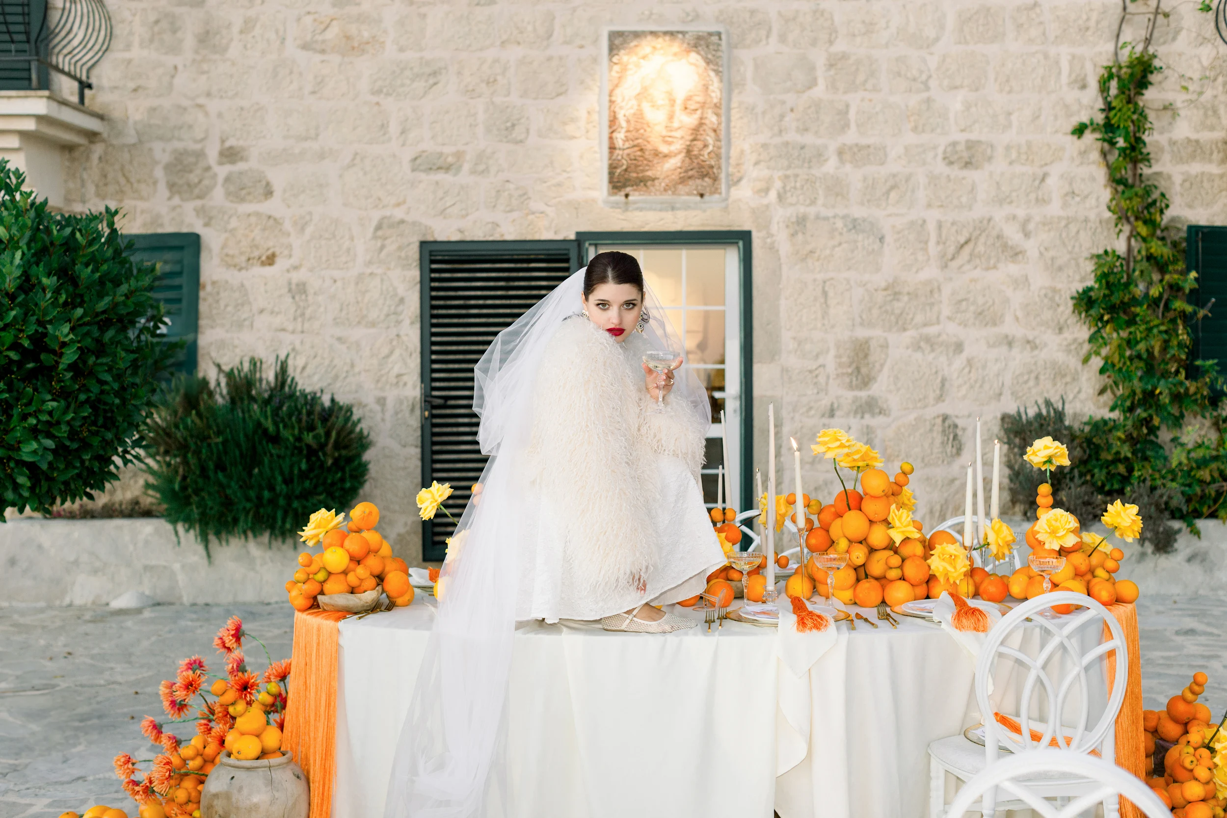 Flottie wedding styling and decor organisation for "Citrus Muse" couple and bride portrait with citrus accents at Villa Mona Lisa