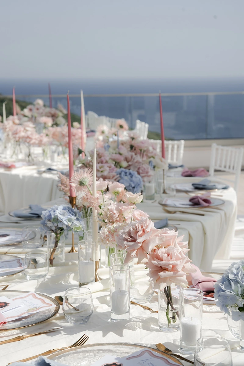 Flottie flower decor, wedding, and organisation at Cape Montenegro in Krimovica: multi-part collage showcasing event floral design, blue hydrangeas, sea-view tablescapes, and celebration details
