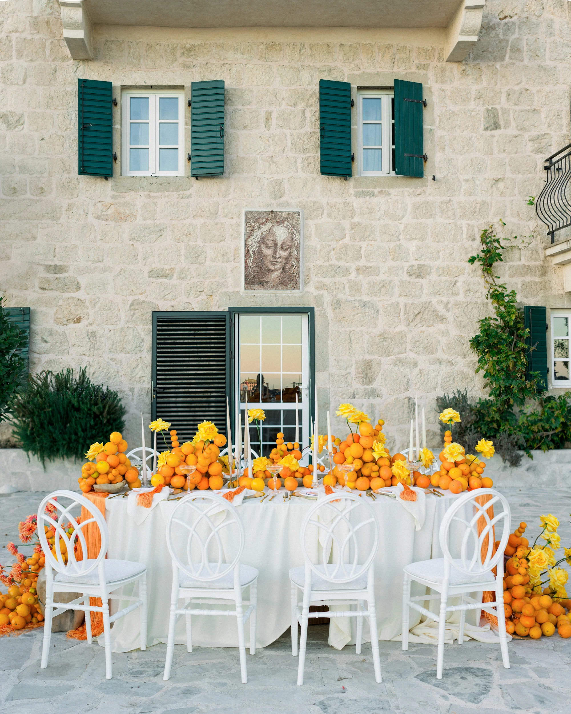 Flottie wedding ceremony decor and organisation for "Citrus Muse" celebration with bright fruit and flower styling at Villa Mona Lisa Montenegro
