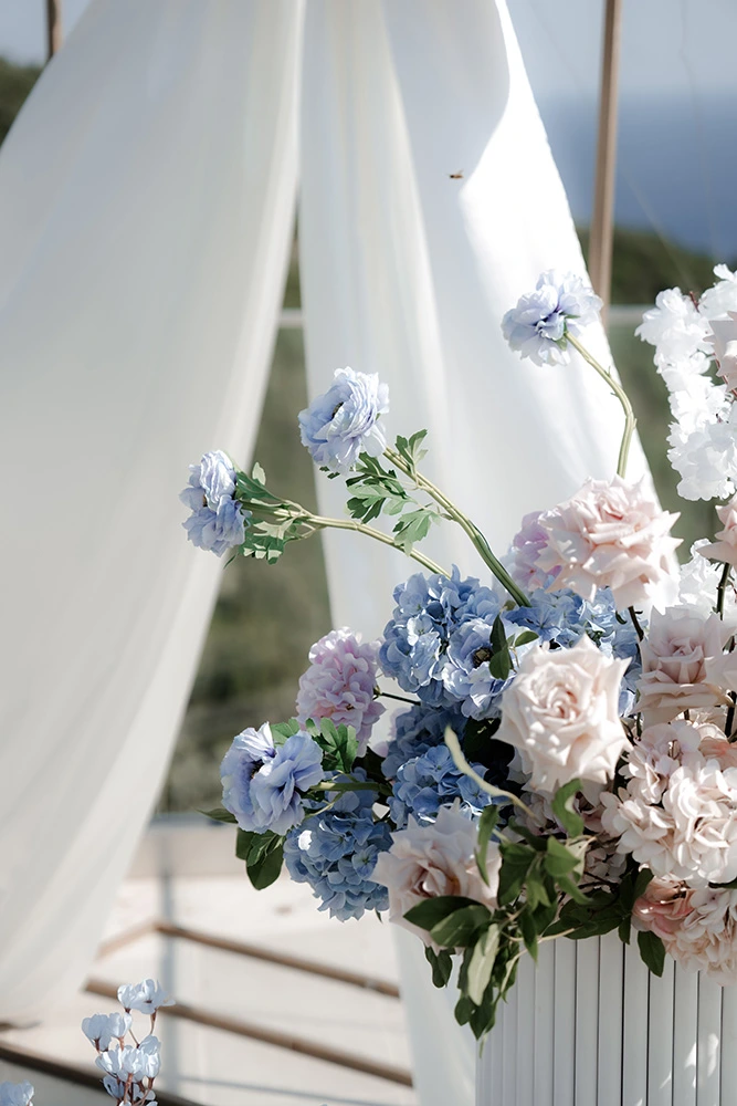 Flottie flower decor, wedding, and organisation at Cape Montenegro in Krimovica: multi-part collage showcasing event floral design, blue hydrangeas, sea-view tablescapes, and celebration details