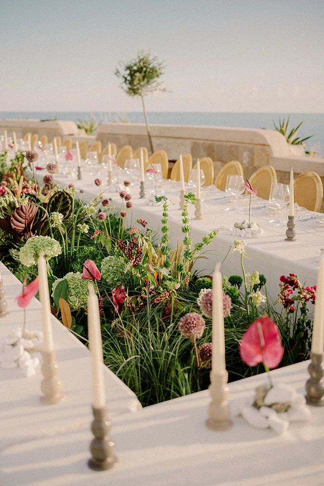 Luxury wedding table setting with floral centerpieces, Mamula Island venue