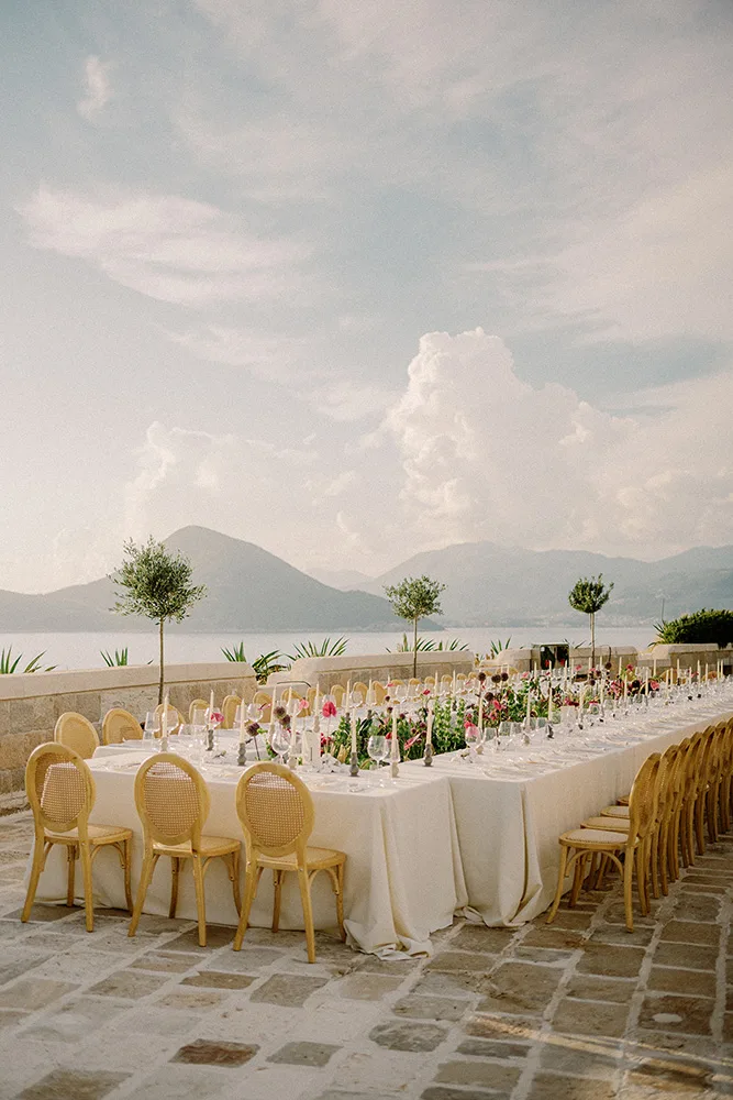 Luxury wedding table setting with floral centerpieces, Mamula Island venue