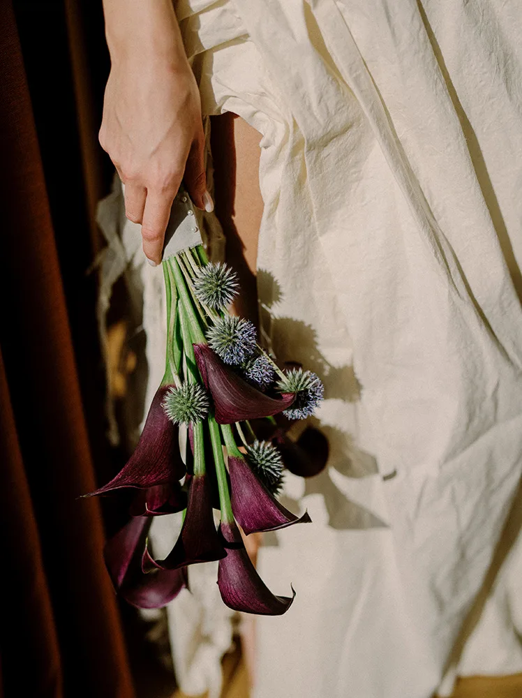 Moody and rich berry-toned bridal bouquet, wedding on Mamula Island Montenegro