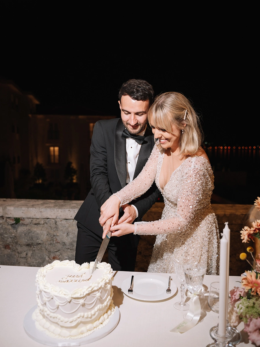 Flottie wedding ceremony decor and organisation for "Heritage of Love" celebration with bride and groom at Heritage Grand Perast Montenegro