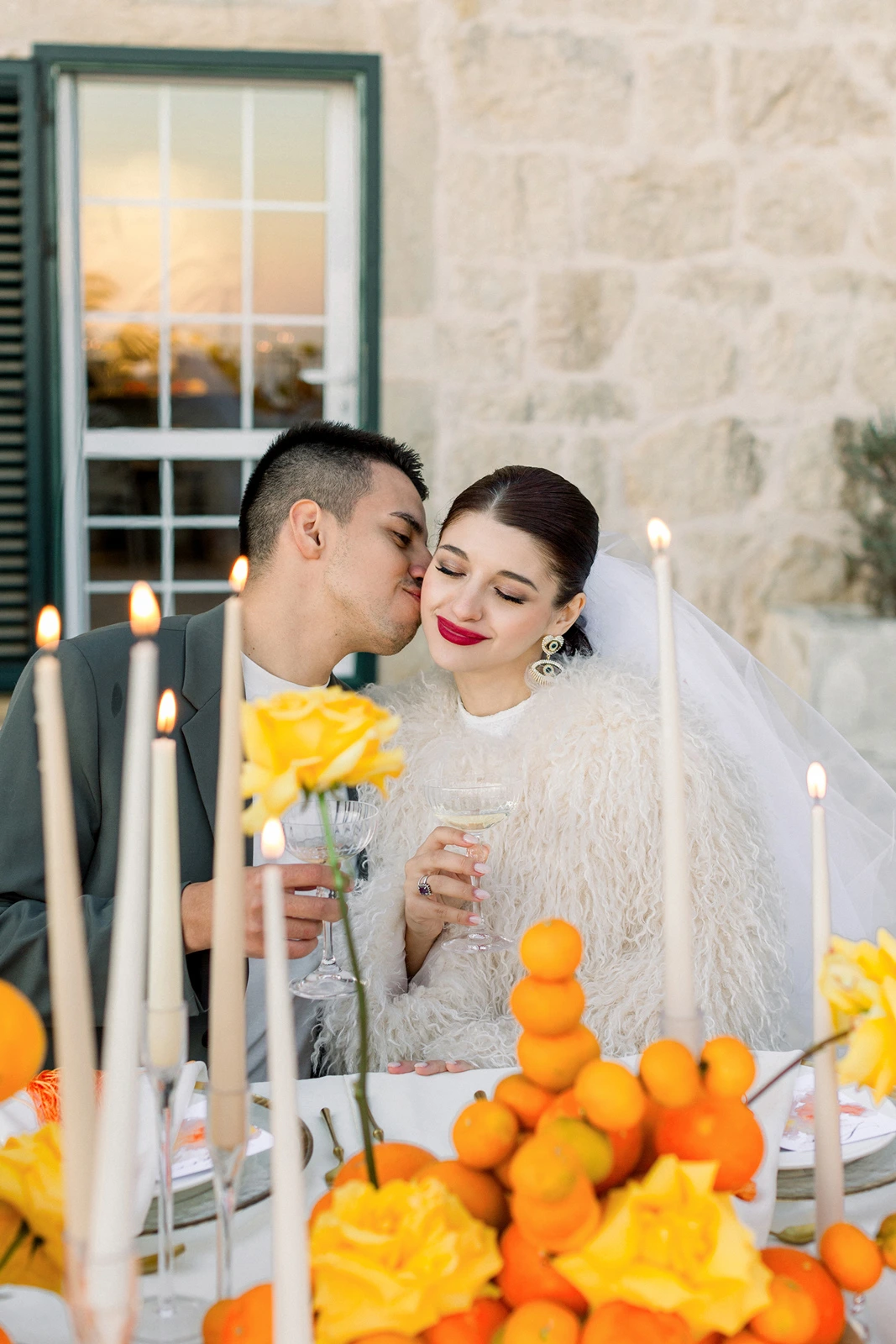 Flottie wedding styling and decor organisation for "Citrus Muse" couple and bride portrait with citrus accents at Villa Mona Lisa