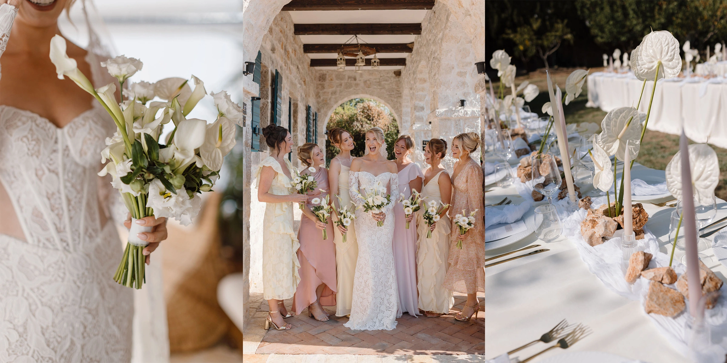 Flottie wedding decor and organisation: portfolio highlights of the Effortless Elegance wedding project showcasing a white calla lily bouquet, the bride with bridesmaids in neutral tones under a stone arch, and refined tableside details
