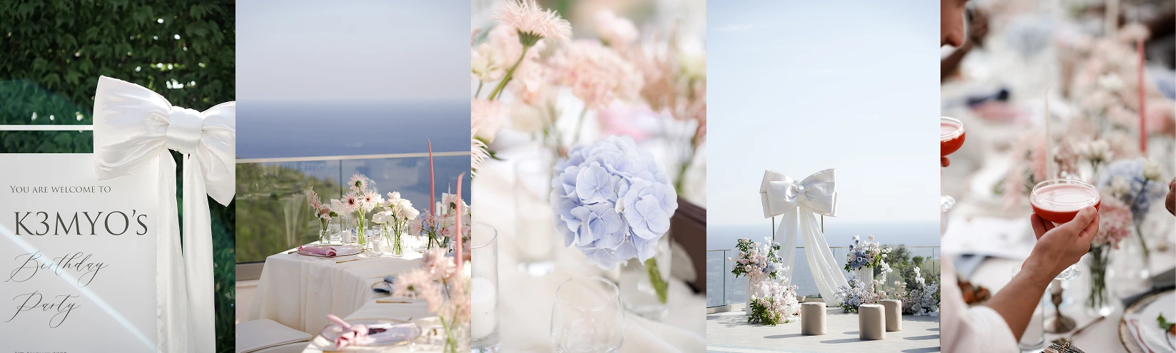 Flottie flower decor, wedding, and organisation at Cape Montenegro in Krimovica: multi-part collage showcasing event floral design, blue hydrangeas, sea-view tablescapes, and celebration details