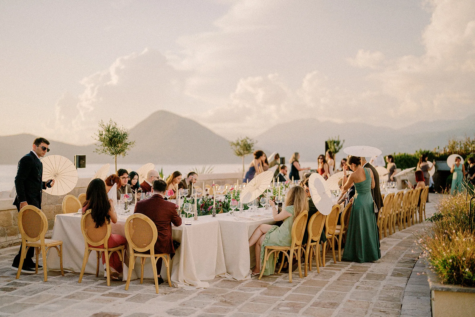 Luxury wedding table setting with floral centerpieces, Mamula Island venue