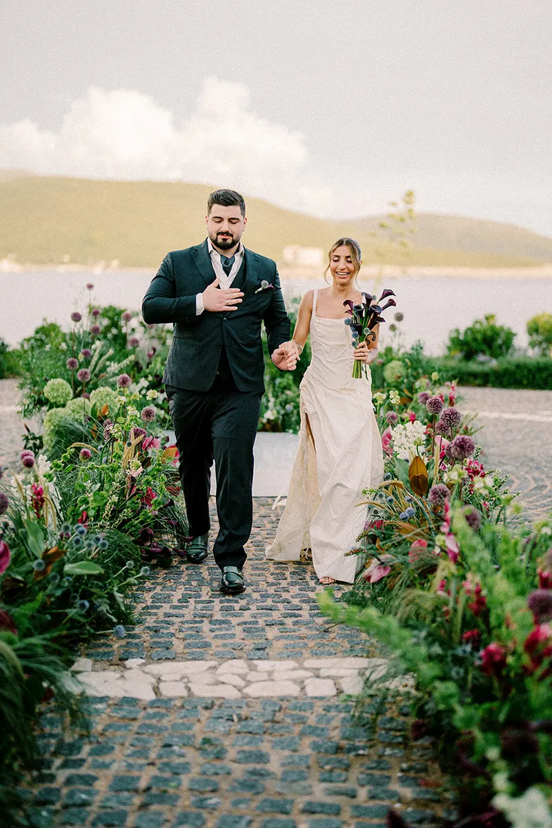 Moody and rich berry-toned bridal bouquet, wedding on Mamula Island Montenegro