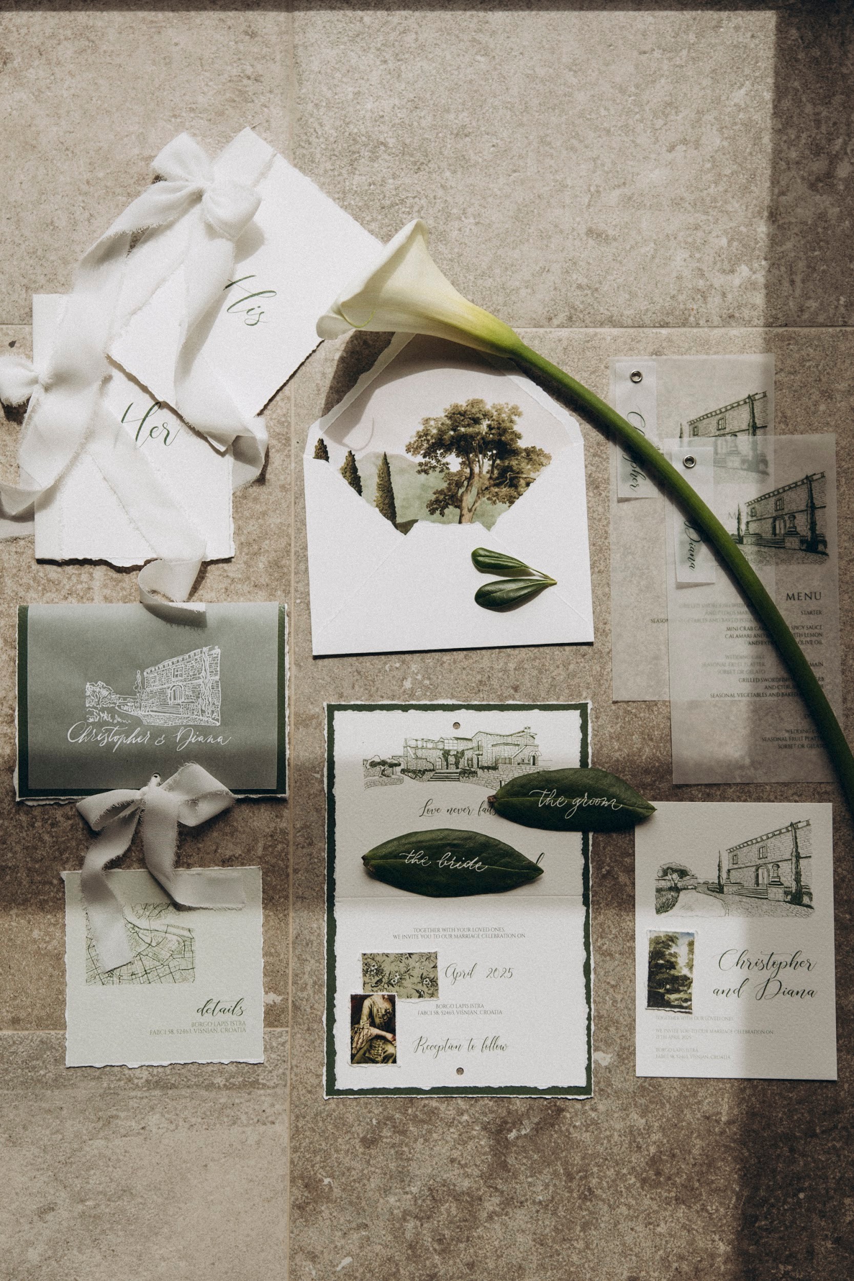 Flottie flower decor, wedding, and organisation at Borgo Lapis in Croatia: custom wedding stationery suite with illustrated venue details, calla lily, and botanical styling
