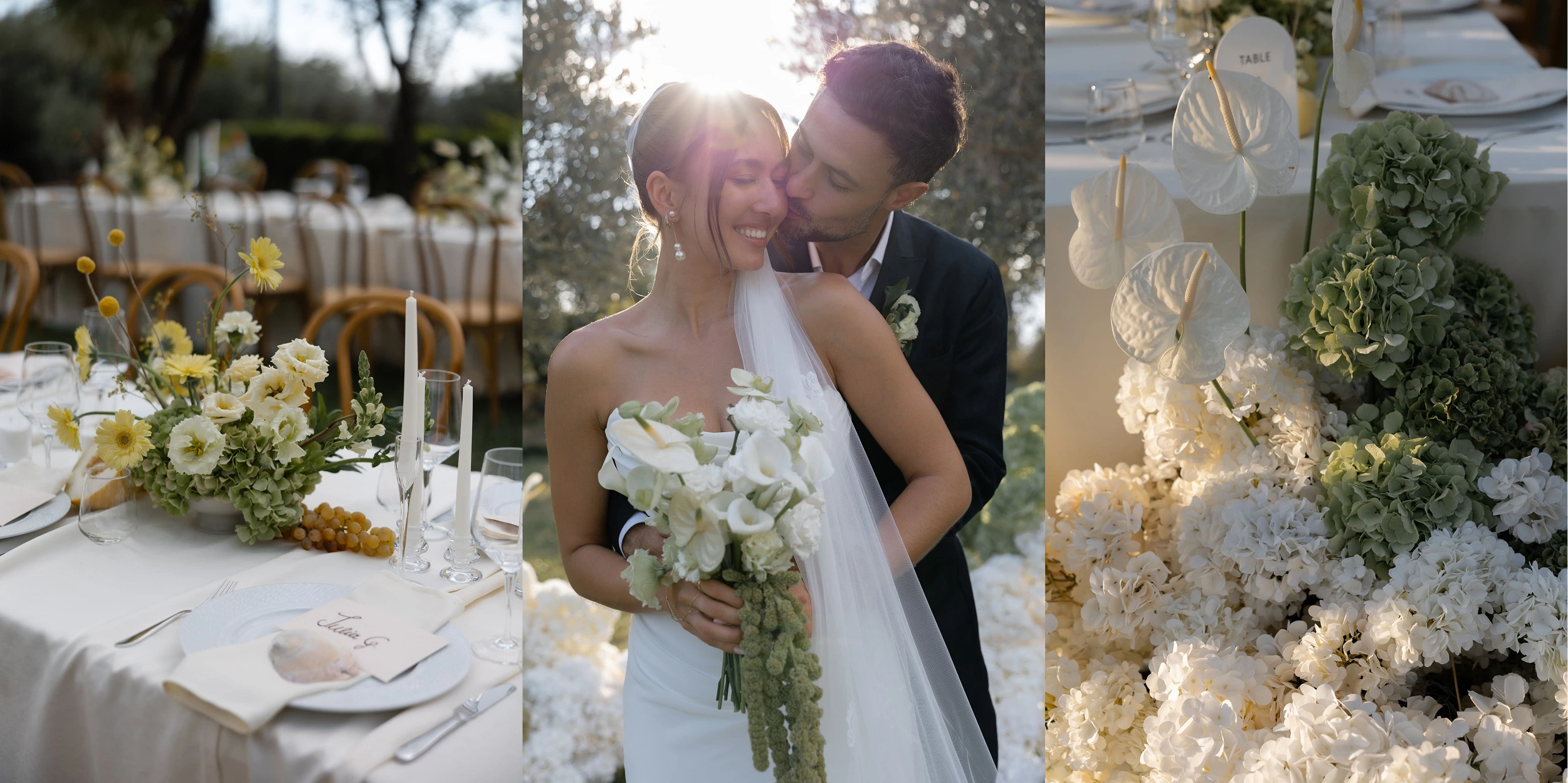 Flottie wedding decor and organisation: romantic couple embracing outdoors amidst white floral arrangements and refined table settings for the Where Light Lingers wedding project