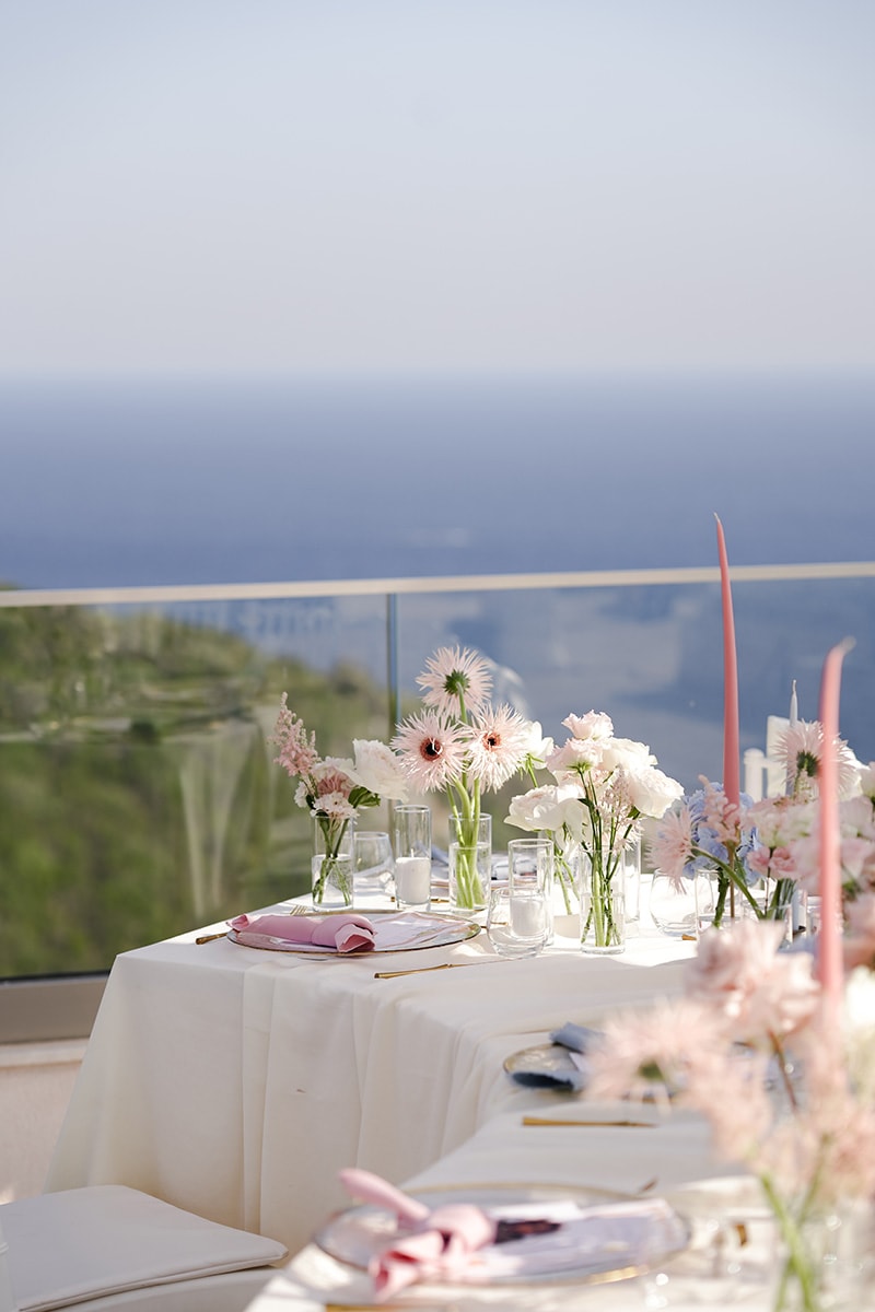 Flottie flower decor, wedding, and organisation at Cape Montenegro in Krimovica: multi-part collage showcasing event floral design, blue hydrangeas, sea-view tablescapes, and celebration details